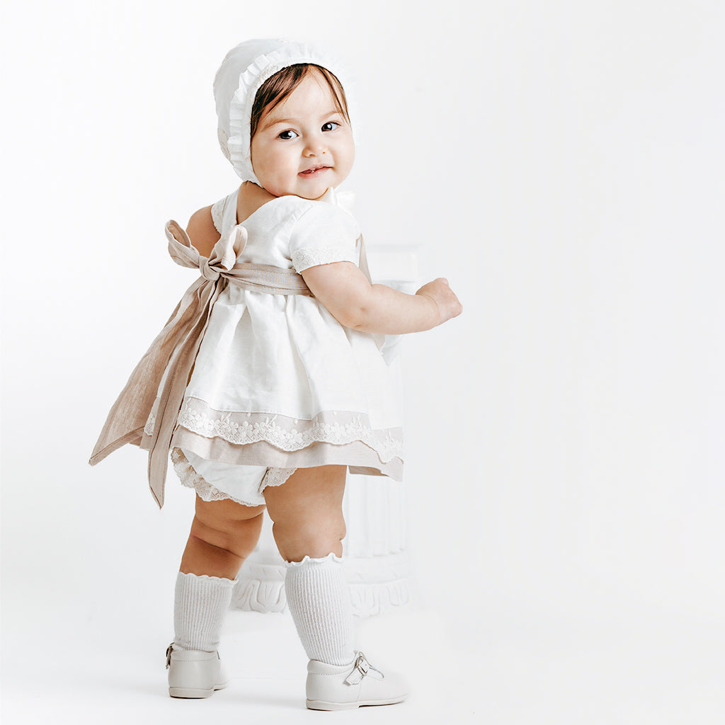 Baby girls Celebration Linen Dress in Beige and Ivory with Bow (6mths-18mths) Baby girls Celebration Linen Dress in Beige and Ivory with Bow (6mths-18mths)