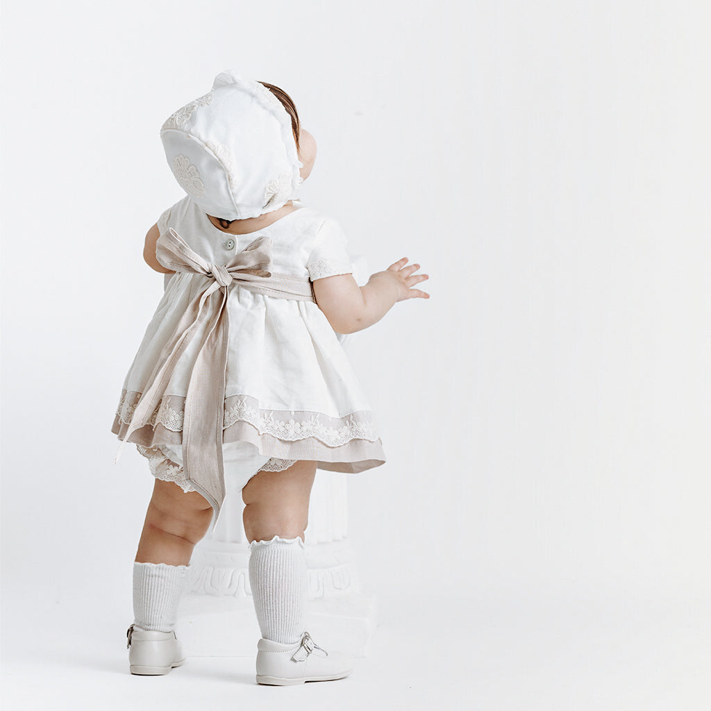 Baby girls Celebration Linen Dress in Beige and Ivory with Bow (6mths-18mths) Baby girls Celebration Linen Dress in Beige and Ivory with Bow (6mths-18mths)