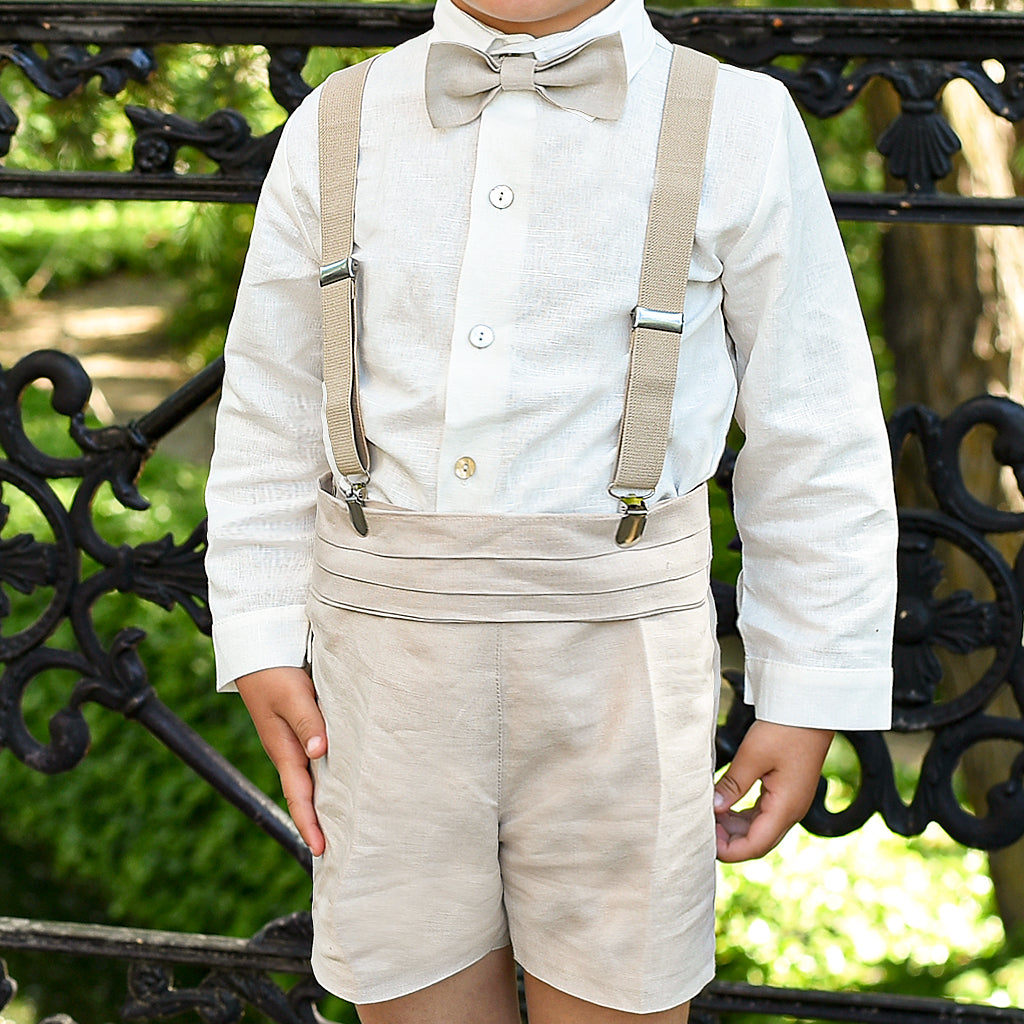 Boy Celebration Linen Long Sleeve Two Piece Set in Beige (12mths