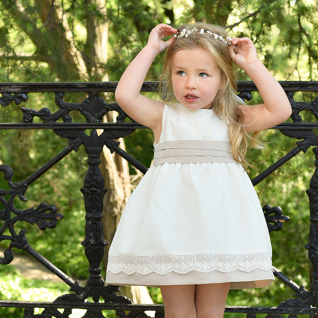 Girls Celebration Linen Dress in Beige and Ivory with Bow (2Yrs-4Yrs) Girls Celebration Linen Dress in Beige and Ivory with Bow (2Yrs-4Yrs)