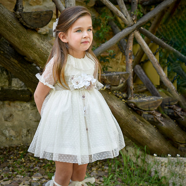 Tulle and Linen Flower-Embellished Dress for Girls  biancabluenewyork